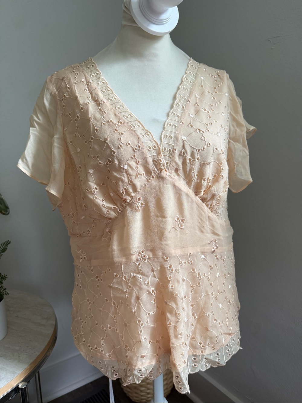 Ice Eyelet V-Neck Flutter Sleeve Top